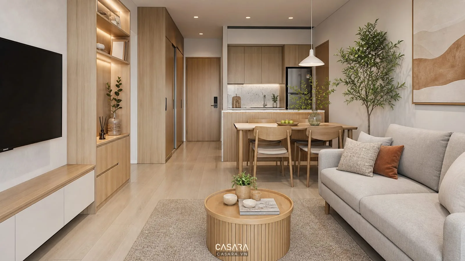 Thiết kế nhà chung cư đẹp diện tích nhỏ phong cách hiện đại ấm với phòng khách bếp mở gỗ sáng và tủ âm