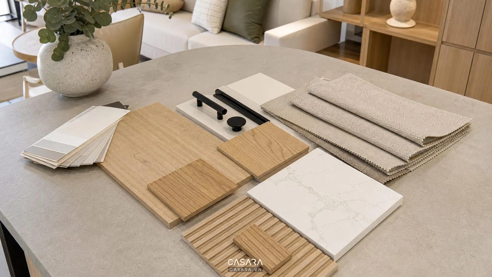 Bảng vật liệu thiết kế chung cư phong cách Bắc Âu gồm gỗ sáng và vải be