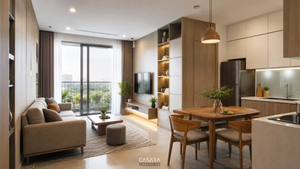 Thiết kế chung cư phong cách hiện đại với phòng khách liền bếp, sofa, bàn ăn và hệ tủ lưu trữ kịch trần