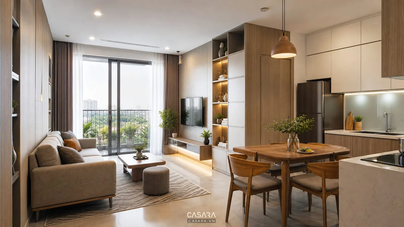Thiết kế chung cư phong cách hiện đại với phòng khách liền bếp, sofa, bàn ăn và hệ tủ lưu trữ kịch trần