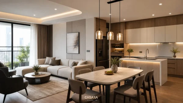 Phòng khách bếp chung cư hiện đại có sofa, bàn ăn, đảo bếp và đèn thả ánh sáng ấm