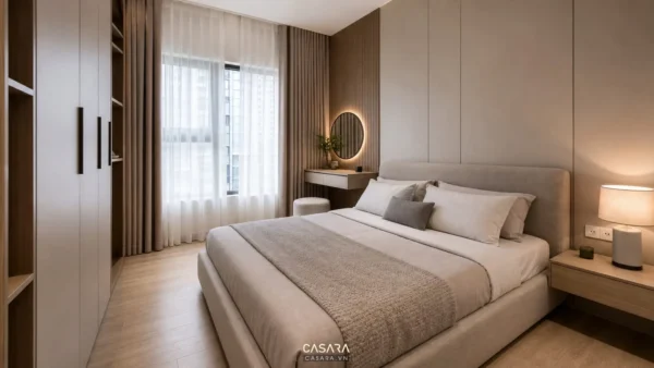 Phòng ngủ chung cư hiện đại có giường bọc nệm, tủ quần áo kịch trần và bàn trang điểm cạnh cửa sổ