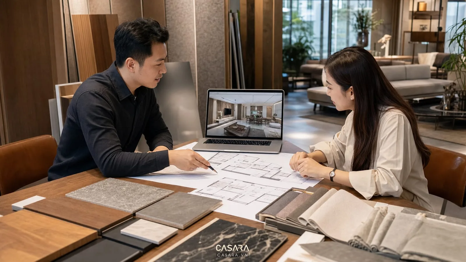 Tư vấn thiết kế chung cư phong cách hiện đại với bản vẽ mặt bằng, phối cảnh 3D và mẫu vật liệu nội thất