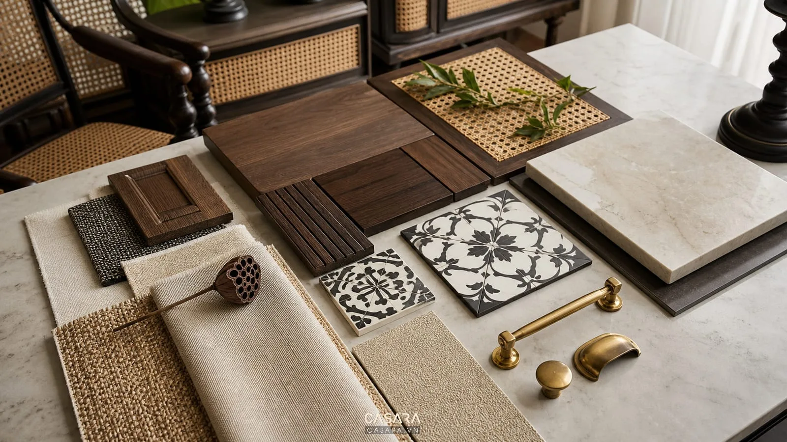 Bảng vật liệu thiết kế chung cư phong cách indochine gồm gỗ nâu, mây đan, gạch bông và vải be