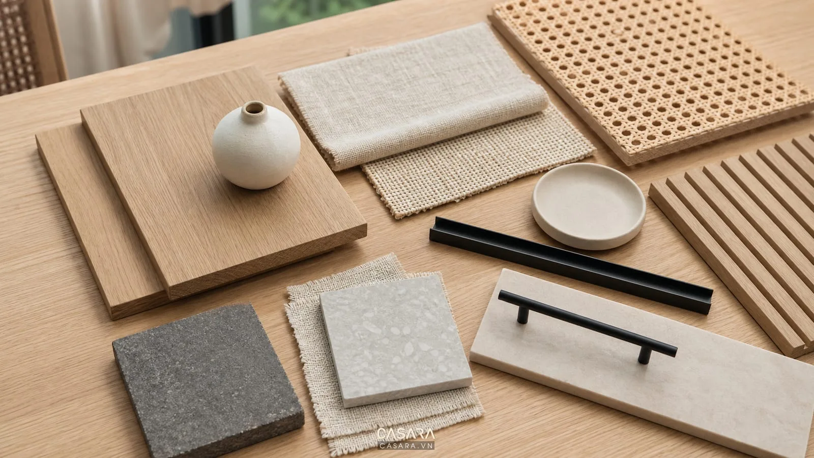 bảng vật liệu nội thất Japandi với gỗ sáng vải linen mây và gốm