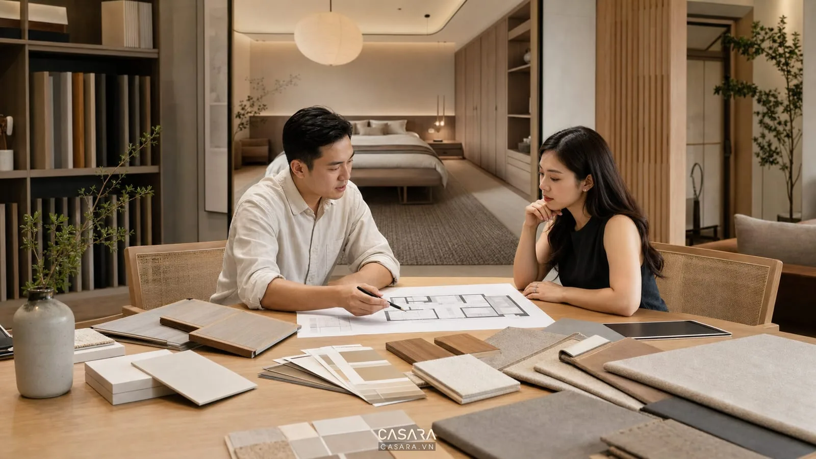 tư vấn thiết kế chung cư phong cách Japandi với bản vẽ vật liệu và phối cảnh phòng ngủ