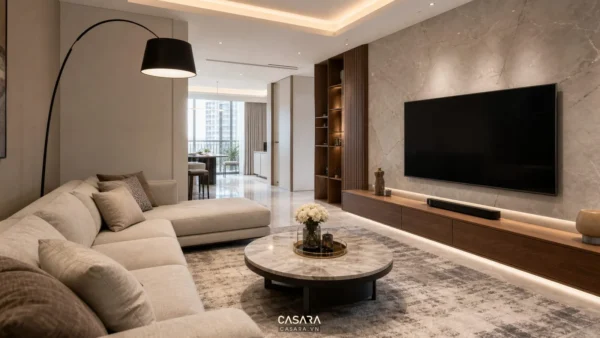Phòng khách chung cư có sofa chữ L, bàn trà tròn và vách tivi ốp đá