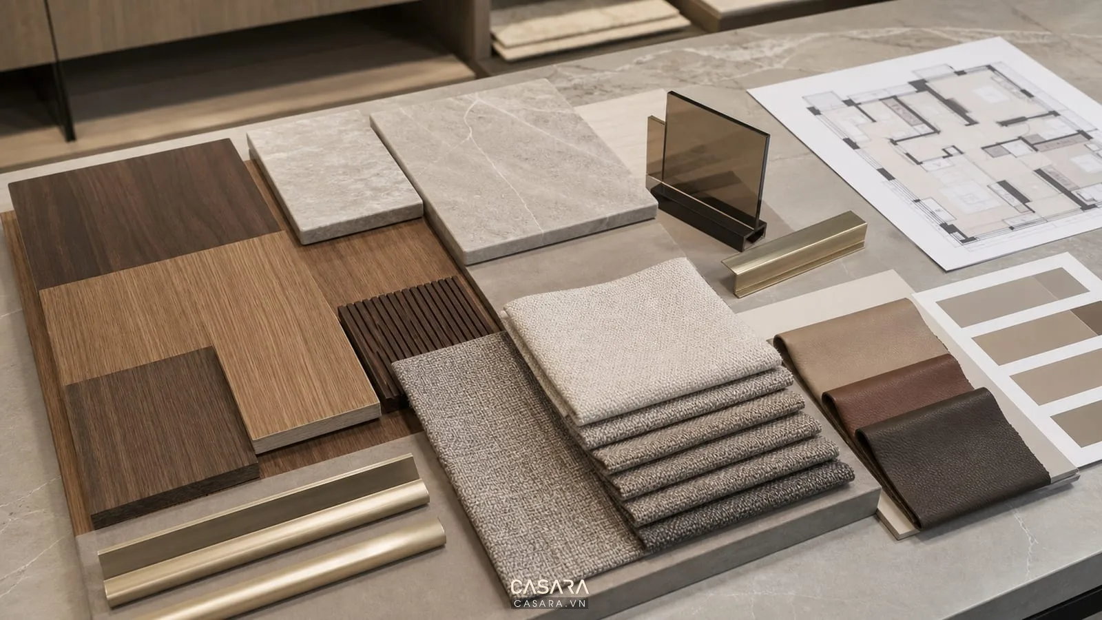 Bàn mẫu vật liệu thiết kế chung cư luxury với gỗ veneer, đá vân nhẹ, vải sofa, kính trà và nẹp kim loại champagne