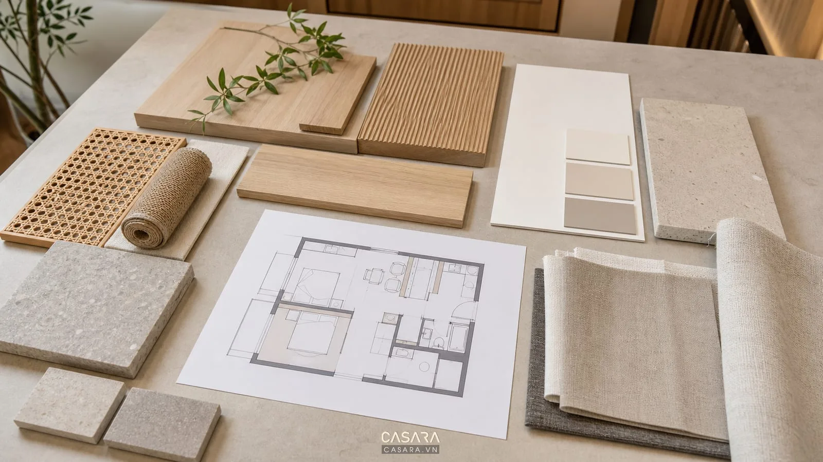bảng vật liệu cho thiết kế chung cư phong cách Nhật Bản gỗ sáng và vải trung tính