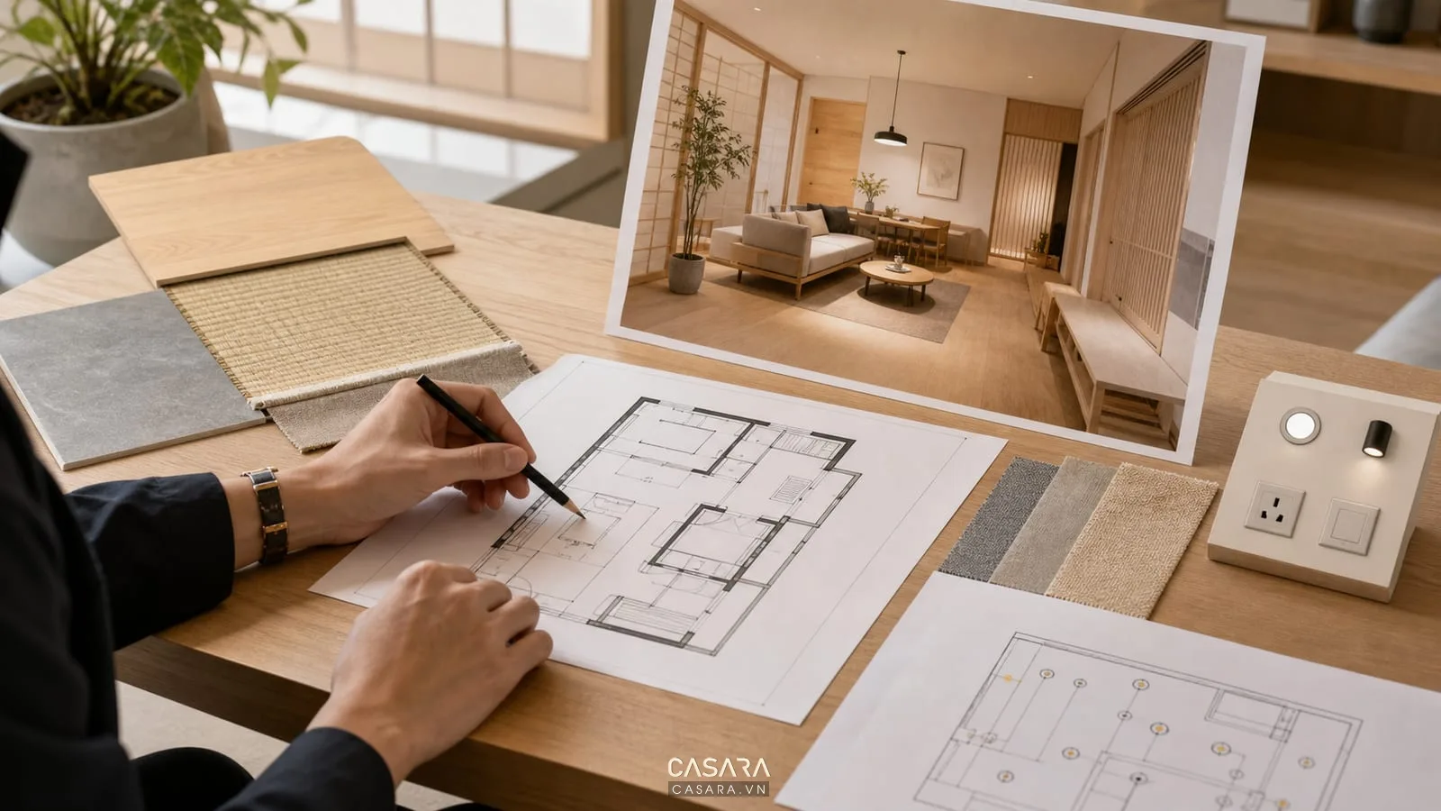 tư vấn thiết kế chung cư phong cách Nhật Bản với bản vẽ và mẫu vật liệu