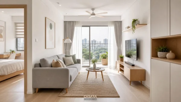 Phòng khách chung cư phong cách Scandinavian với sofa xám, kệ tivi gỗ sáng và cửa ban công lớn