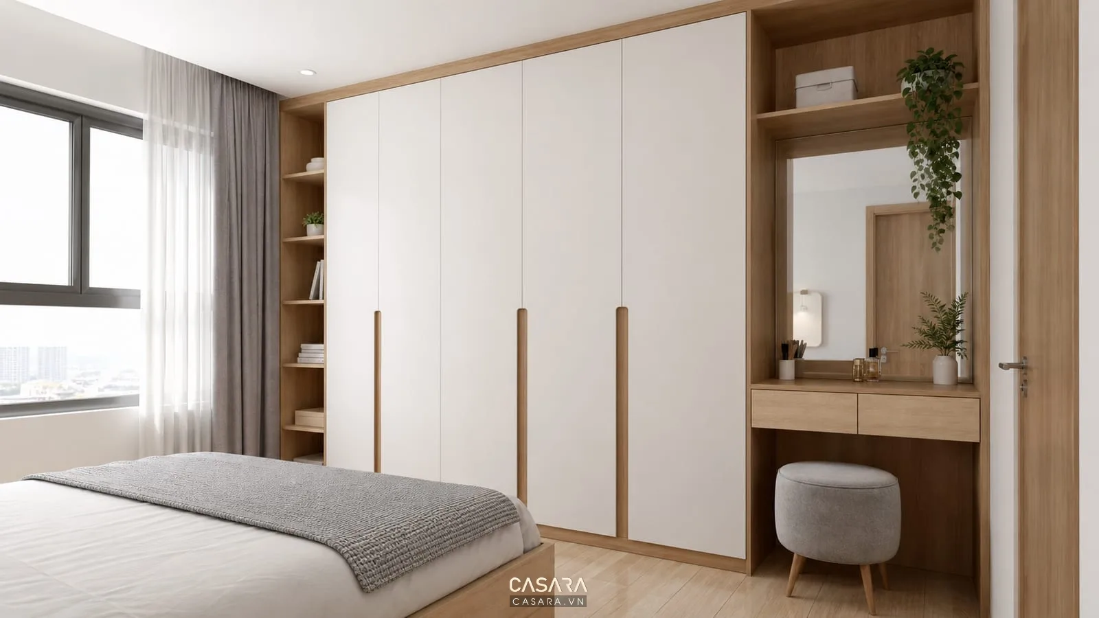 Hệ tủ phòng ngủ chung cư Scandinavian màu trắng gỗ sáng có bàn trang điểm nhỏ