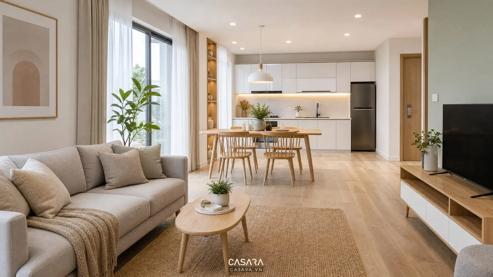 Căn hộ chung cư phong cách Scandinavian liên thông phòng khách bếp và bàn ăn gỗ sáng