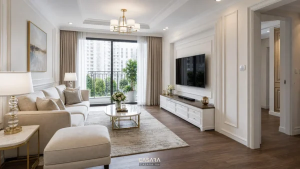 Phòng khách chung cư tân cổ điển với sofa sáng màu, vách tivi phào chỉ và cửa kính lớn