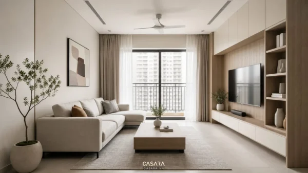 phòng khách trong thiết kế chung cư phong cách tối giản với sofa, kệ tivi và tủ âm tường
