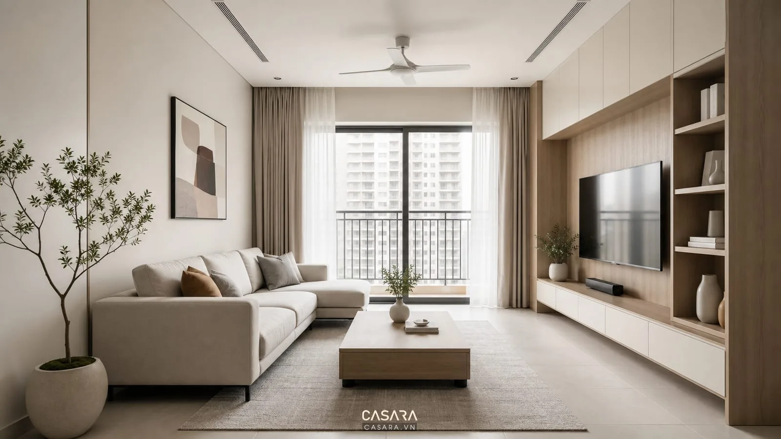 phòng khách trong thiết kế chung cư phong cách tối giản với sofa, kệ tivi và tủ âm tường