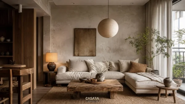 Phòng khách chung cư Wabi Sabi với sofa sáng màu, bàn gỗ mộc và đèn thả giấy