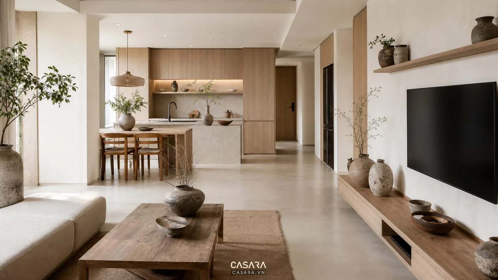thiết kế chung cư wabi sabi phòng khách liên thông bếp với tủ gỗ sáng