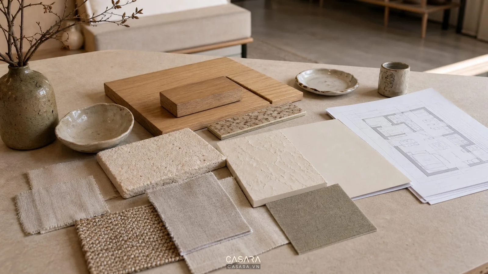 bảng vật liệu thiết kế chung cư phong cách wabi sabi với gỗ vải đá và gốm