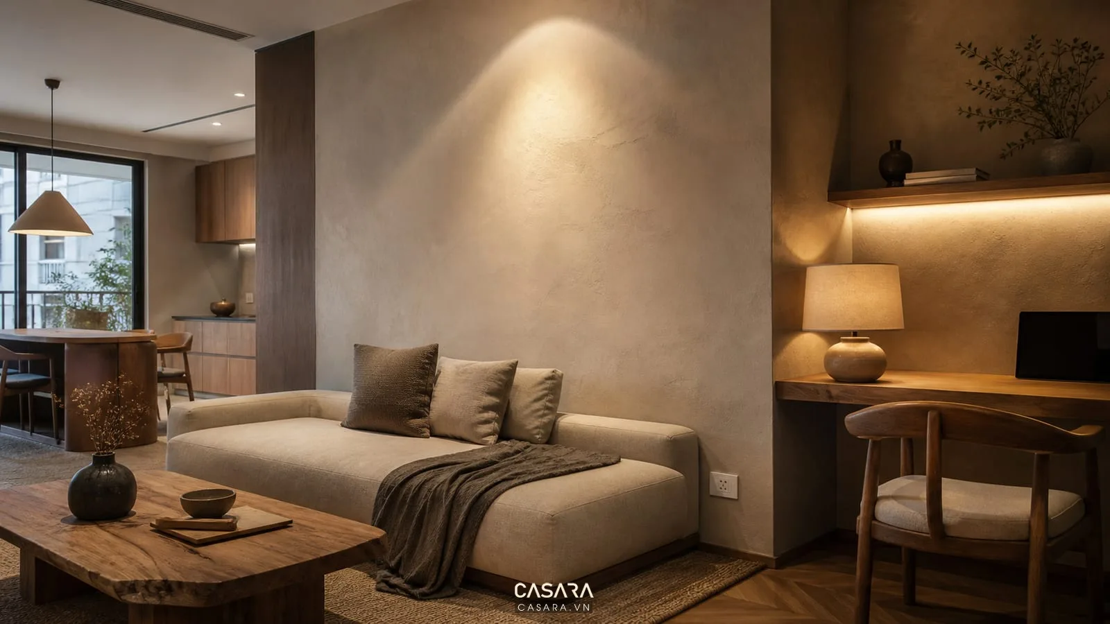 ánh sáng và ổ cắm trong thiết kế chung cư phong cách wabi sabi tiện nghi