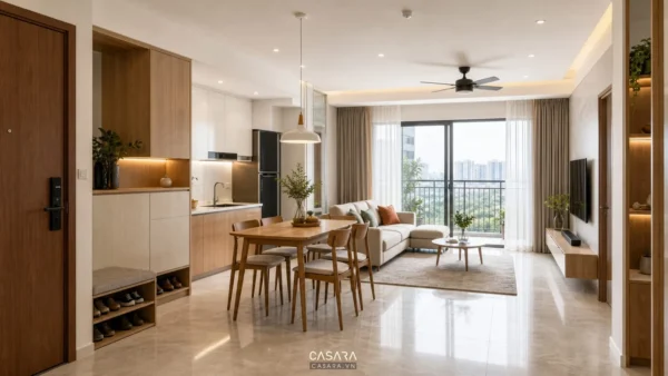 Không gian phòng khách bếp liên thông với bàn ăn gỗ, sofa sáng màu và cửa kính lớn