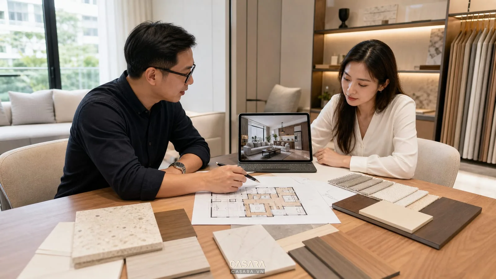 Bàn tư vấn thiết kế chung cư Quận 9 với bản vẽ phối cảnh và mẫu vật liệu
