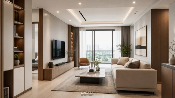 Phòng khách chung cư hiện đại có sofa sáng màu, kệ tivi gỗ và cửa kính ra ban công