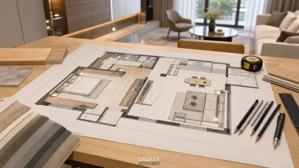 Bản vẽ thiết kế chung cư Royal City với mặt bằng phòng ngủ và mẫu vật liệu