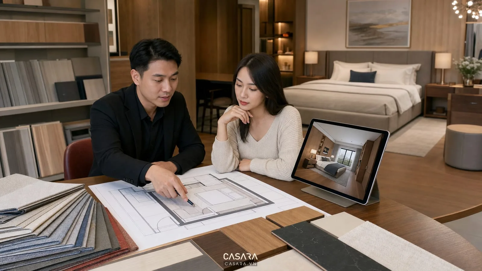 Tư vấn thiết kế phòng ngủ chung cư Royal City với bản vẽ và mẫu vật liệu