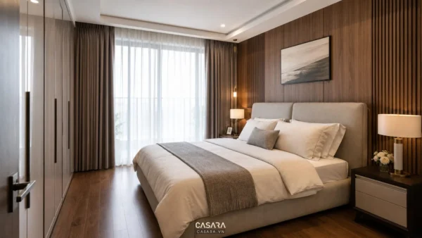 Phòng ngủ căn hộ có giường bọc nệm, vách gỗ đầu giường và tủ áo kịch trần
