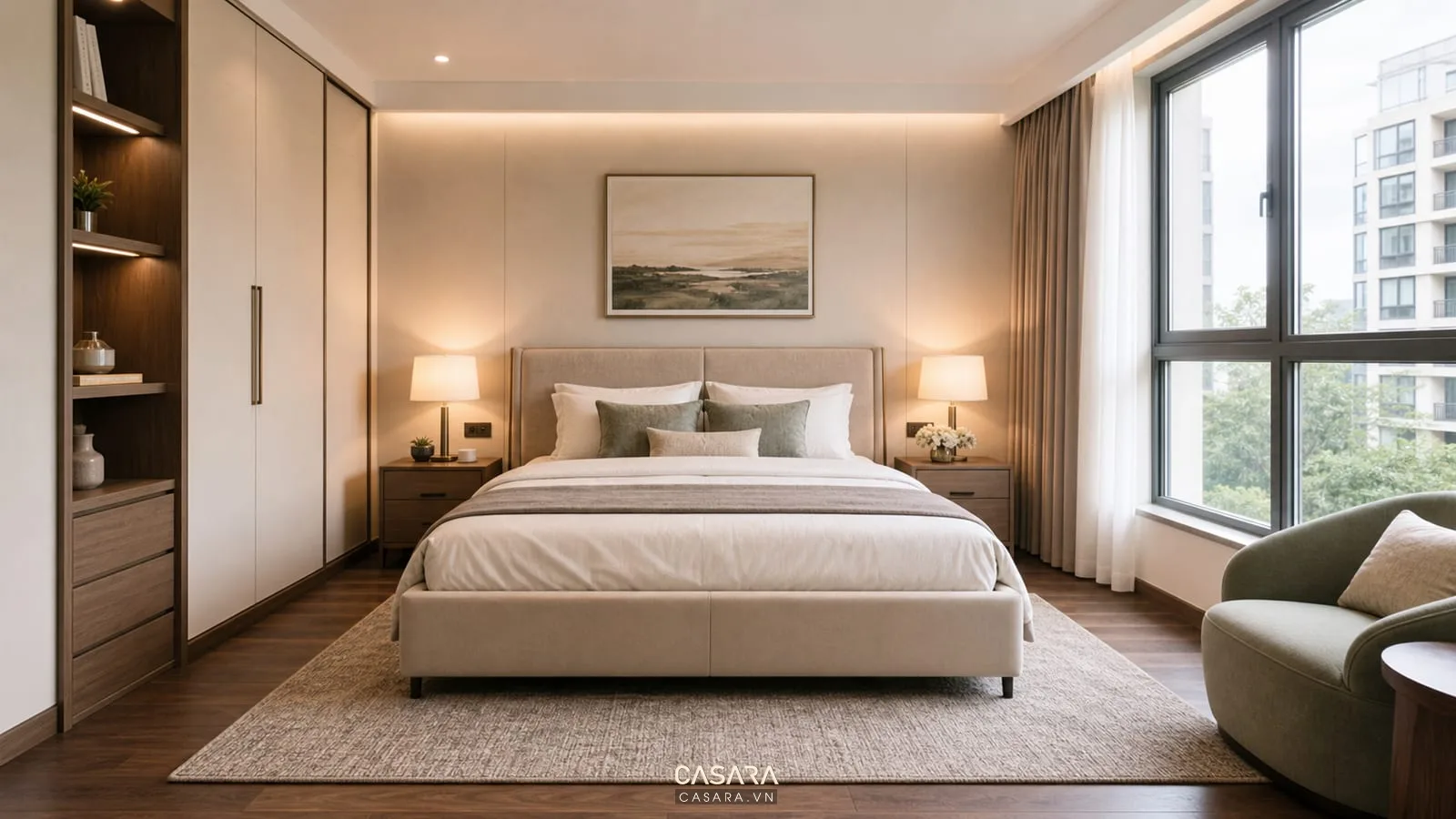 phòng ngủ chung cư Splendora có giường đôi và lối đi quanh giường