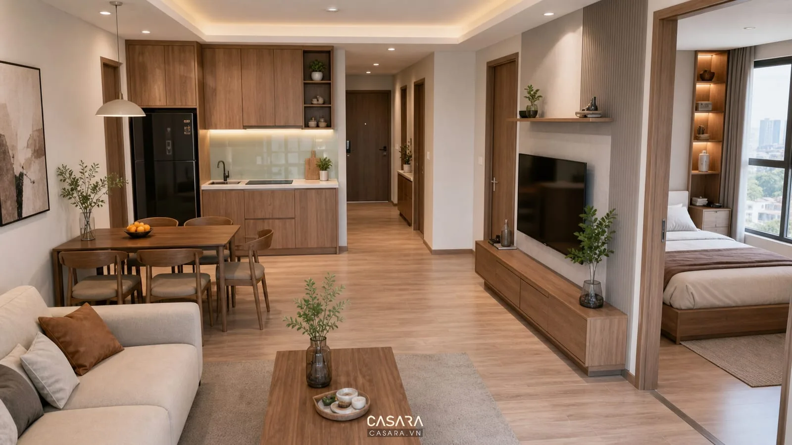 thiết kế nội thất chung cư 62m2 với phòng khách liền bếp và bố trí gọn gàng