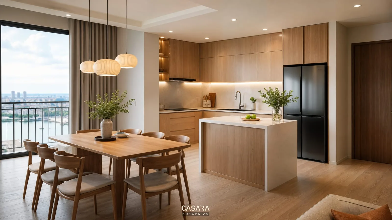 thiết kế chung cư hiện đại với bếp mở tủ gỗ sáng màu và ánh sáng ấm