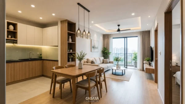 Thiết kế chung cư Thanh Hà với phòng khách liền bếp sáng và gọn