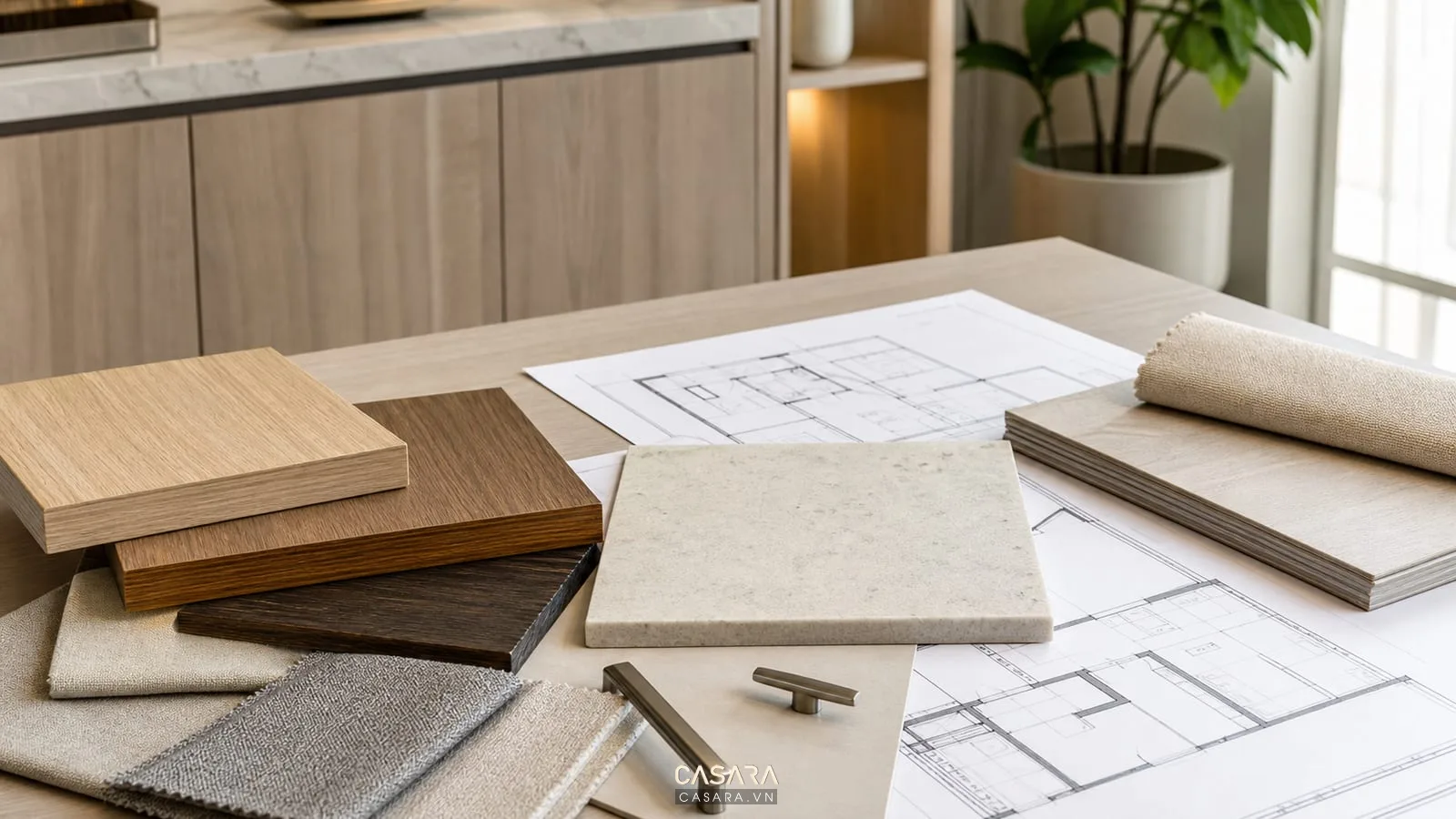 Vật liệu nội thất cho thiết kế chung cư Thanh Hà gồm gỗ đá vải và kim loại