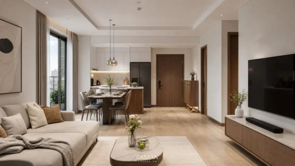 Phòng khách liền bếp căn hộ hiện đại với sofa sáng màu, bàn ăn và kệ tivi gỗ