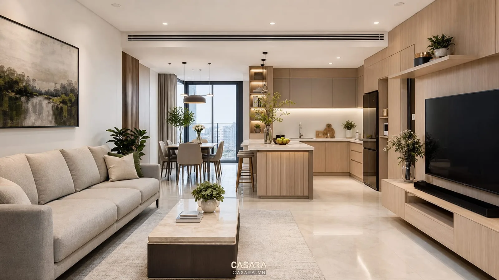 căn hộ chung cư Tháp Doanh Nhân phòng khách liền bếp có sofa bàn ăn và tủ bếp