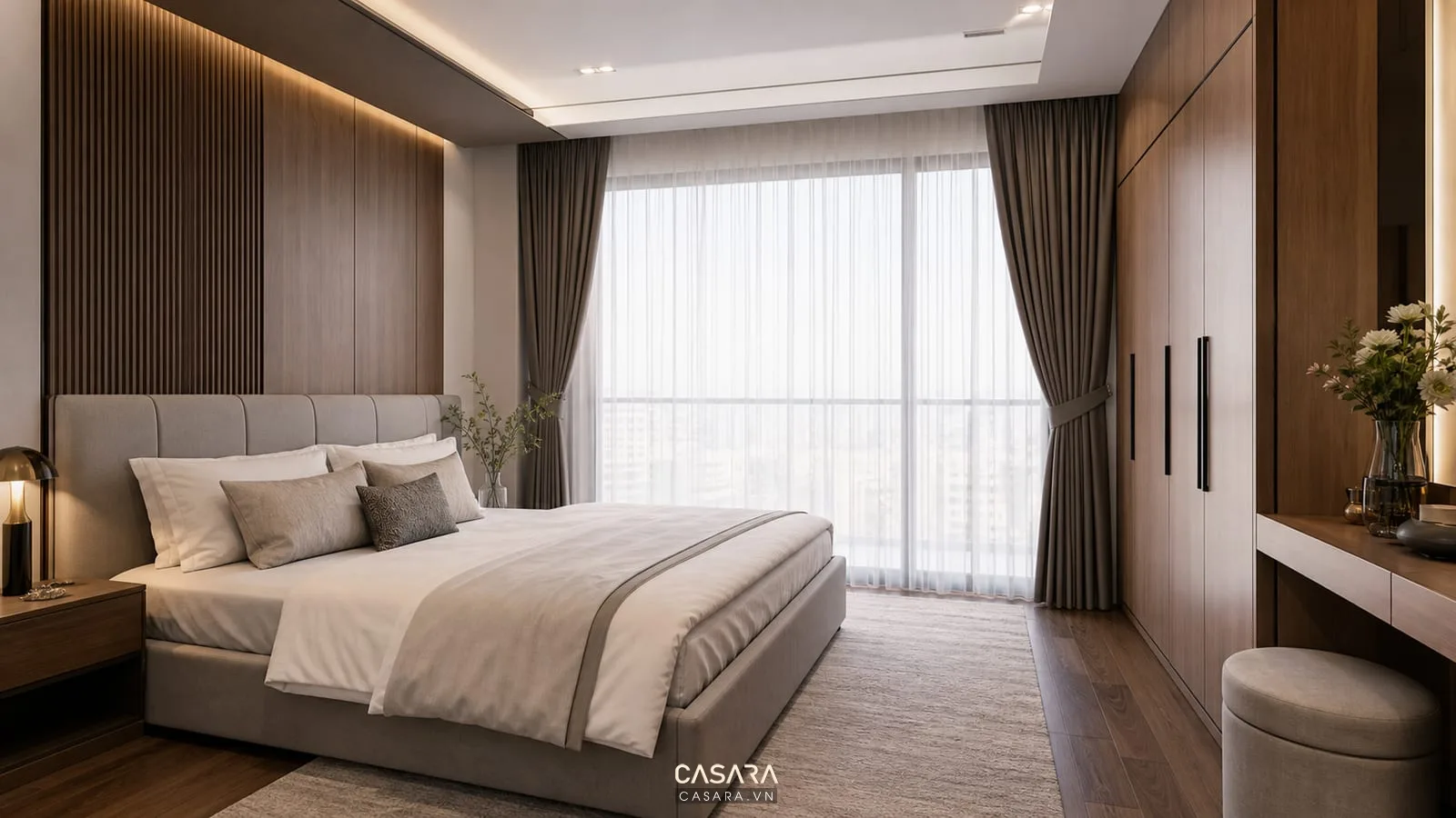 phòng ngủ căn hộ chung cư Tháp Doanh Nhân có giường tủ áo và rèm hai lớp