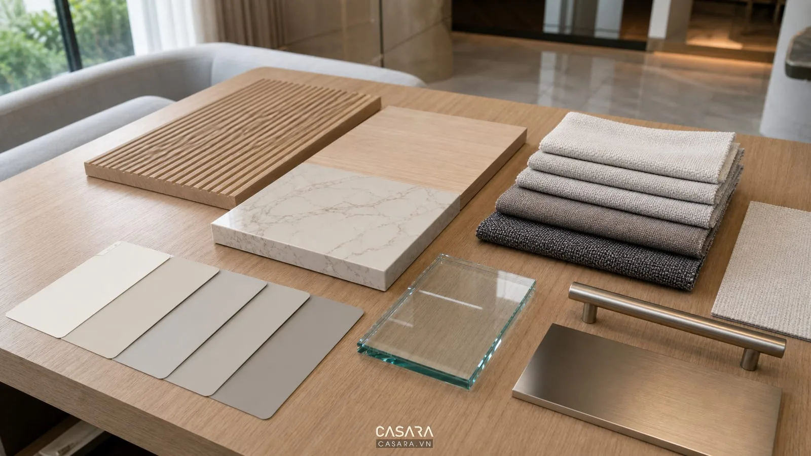bảng vật liệu thiết kế chung cư Tháp Doanh Nhân với gỗ đá vải sofa và màu sơn