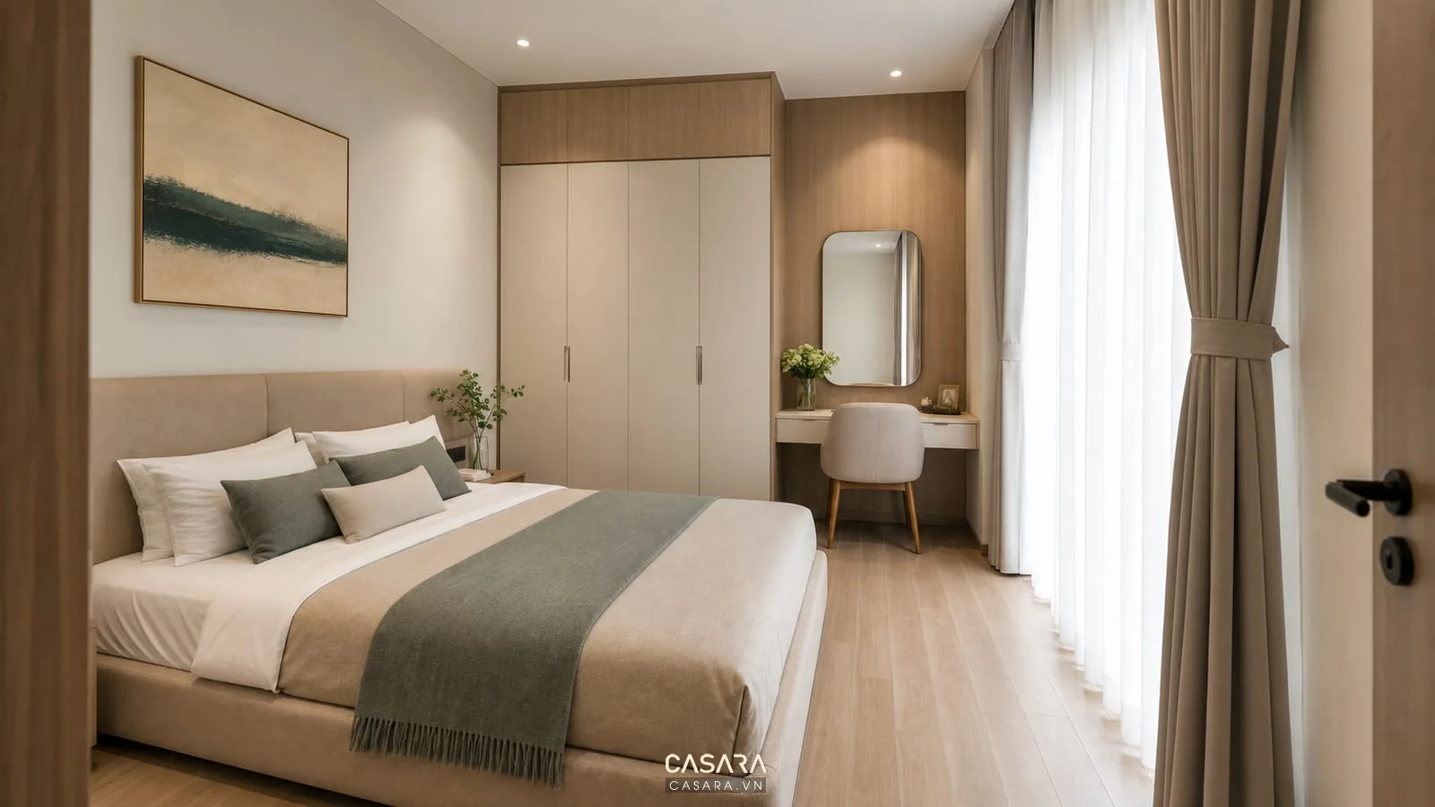 Phòng ngủ chung cư thấp tầng nhỏ với giường tủ và bàn trang điểm gọn