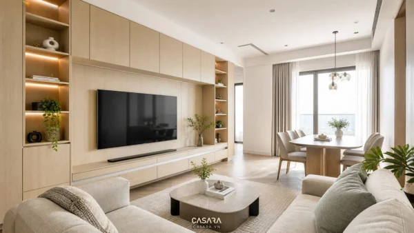 Phòng khách căn hộ hiện đại với vách tivi gỗ sáng, sofa kem và bàn ăn cạnh cửa sổ