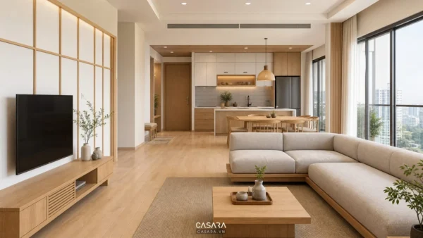 thiết kế chung cư theo phong cách Nhật Bản với sàn gỗ sáng và nội thất thấp gọn