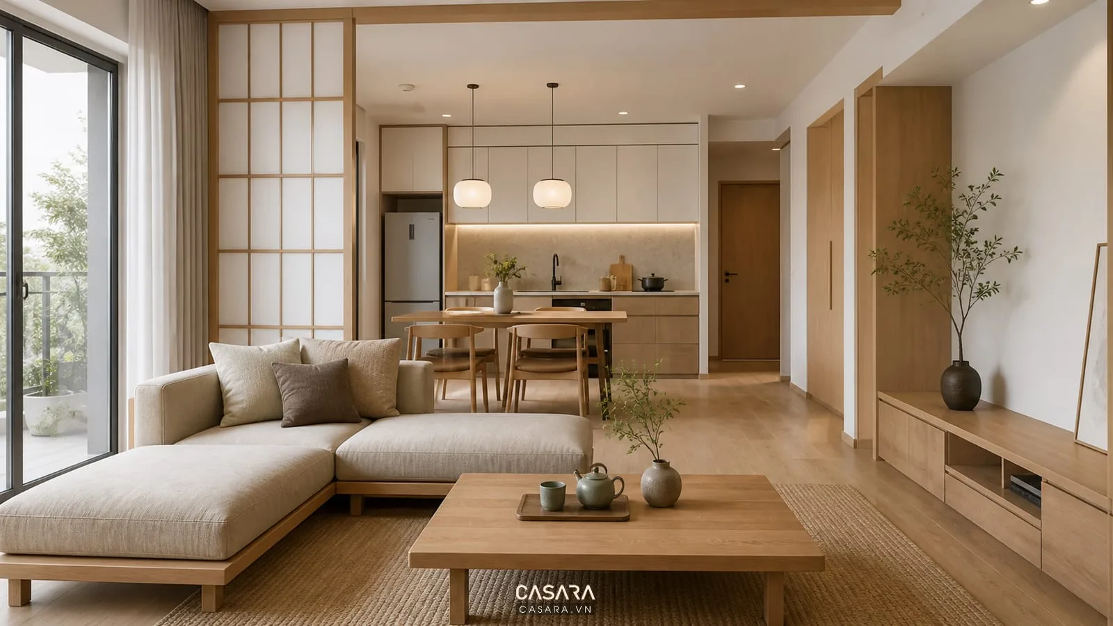 phòng khách bếp chung cư phong cách Nhật Bản với sofa thấp và tủ bếp phẳng