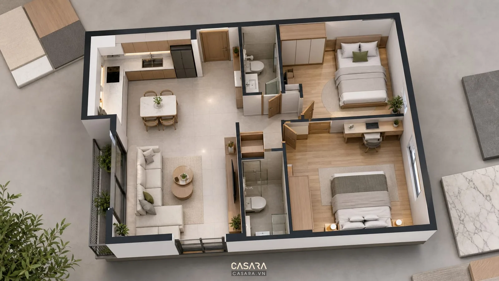 Mặt bằng thiết kế chung cư 56m2 tối giản với hai phòng ngủ và lối đi rõ