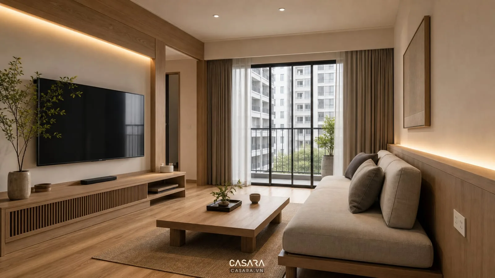 phòng khách chung cư tối giản kiểu Nhật với đèn hắt và ổ cắm gần sofa