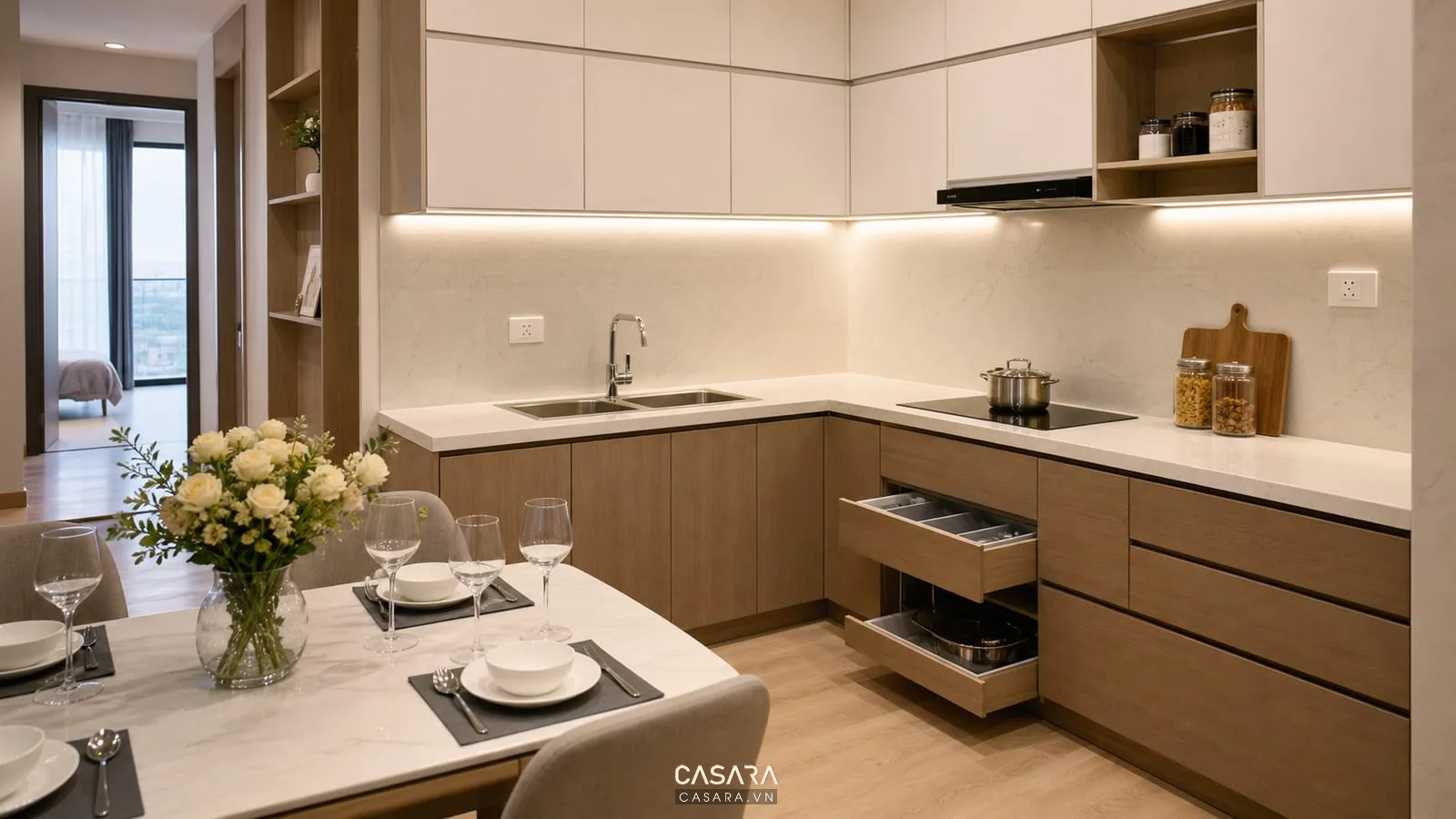 bếp và bàn ăn trong thiết kế căn hộ chung cư hiện đại