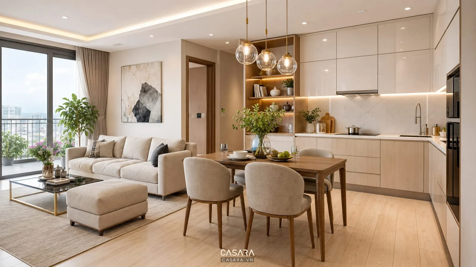 Phòng khách liền bếp trong thiết kế chung cư Victoria Văn Phú hiện đại