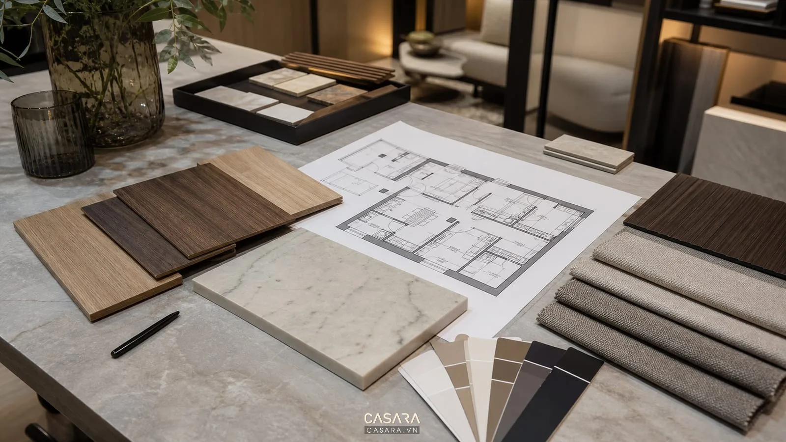 Bảng vật liệu cho thiết kế nội thất chung cư Victoria Văn Phú với gỗ, đá và vải sofa