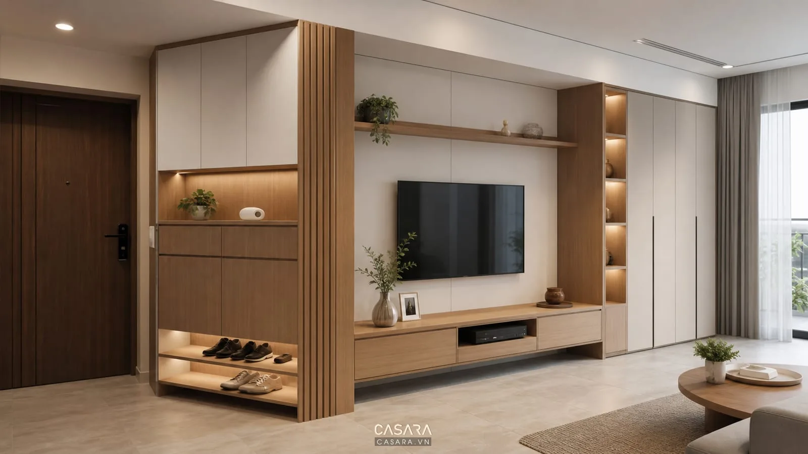 Hệ tủ lưu trữ cho căn hộ chung cư Vinhomes Ocean Park gồm tủ giày, kệ tivi và tủ áo âm tường