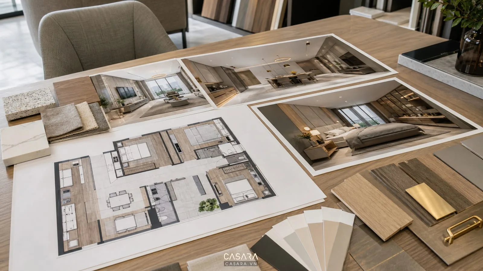 Bản vẽ thiết kế chung cư Vinhomes Ocean Park với mặt bằng nội thất và phối cảnh 3D phòng khách bếp phòng ngủ